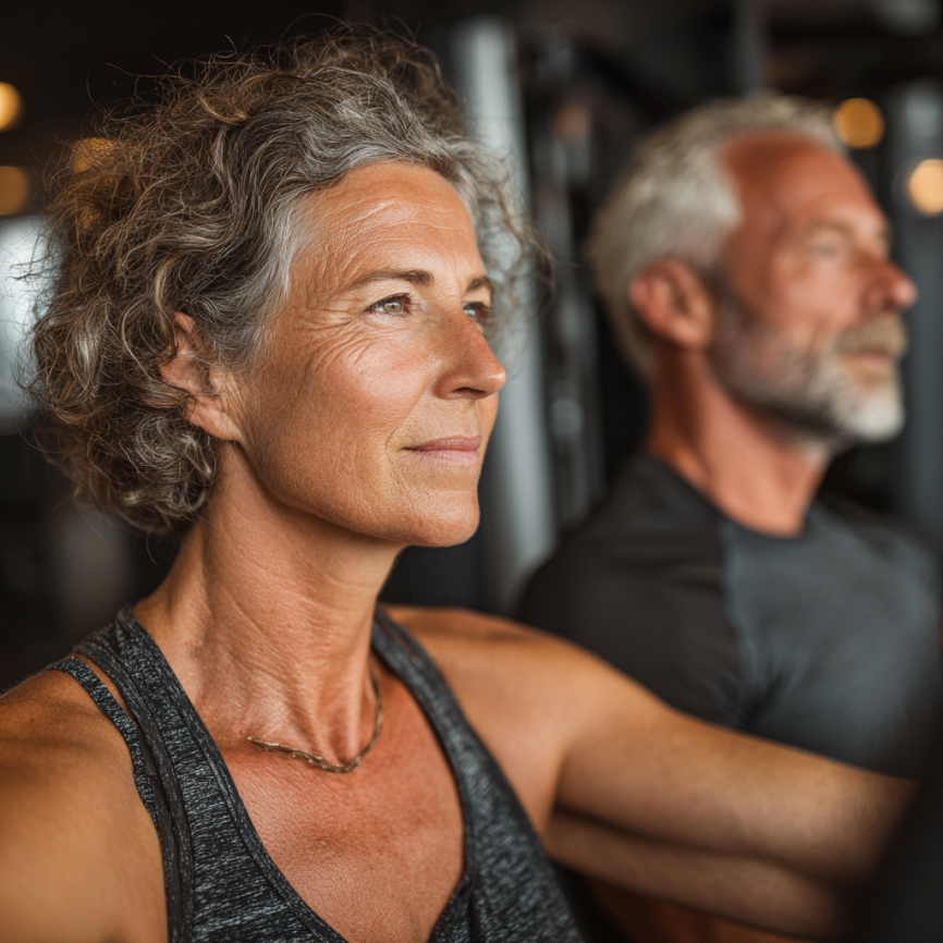 Група літніх людей займається йогою на свіжому повітрі